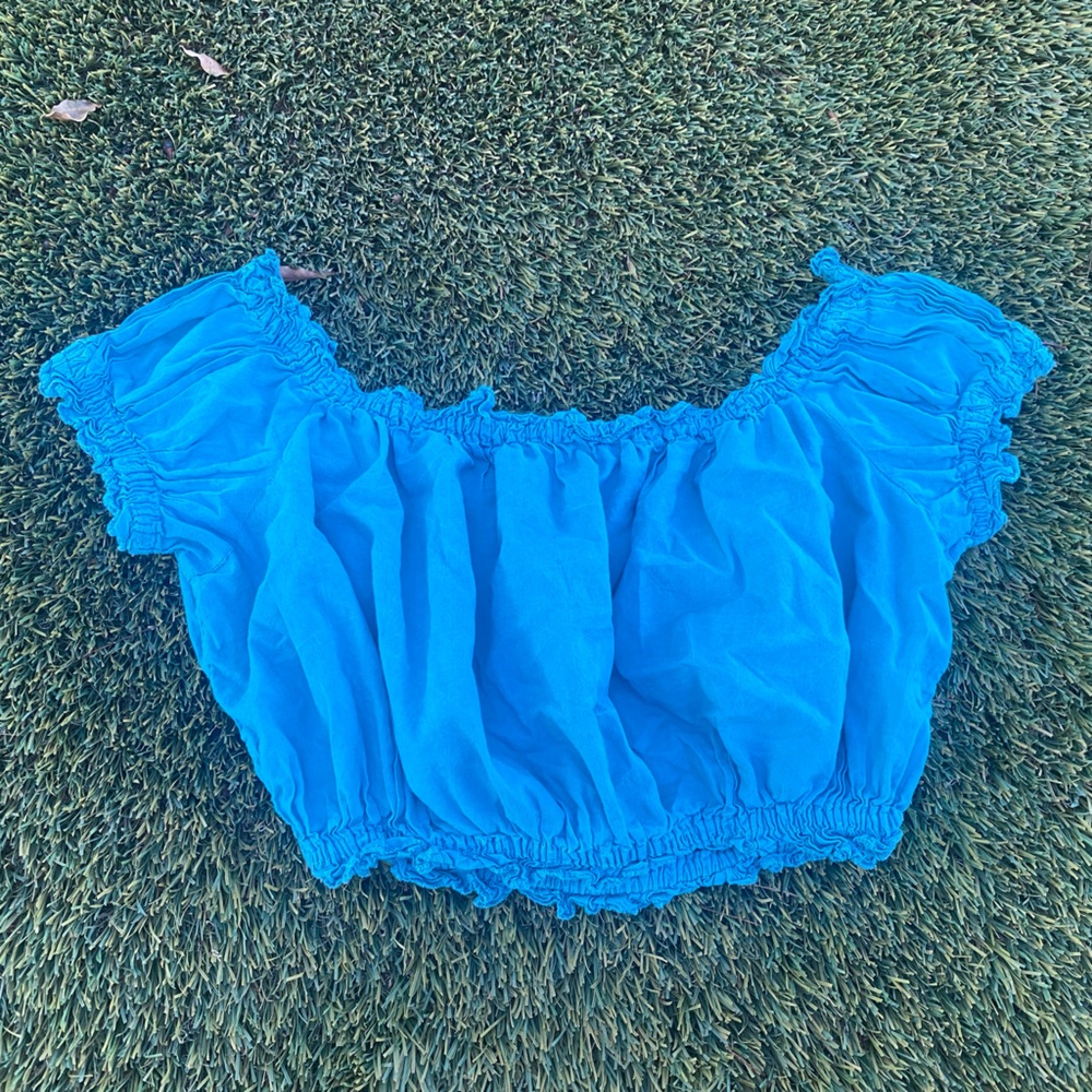 Turquoise scrunched peasant top